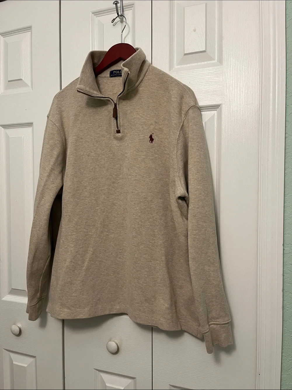 Polo by Ralph Lauren Mens Quarter-Zip Sweater Tan with Brown Pony